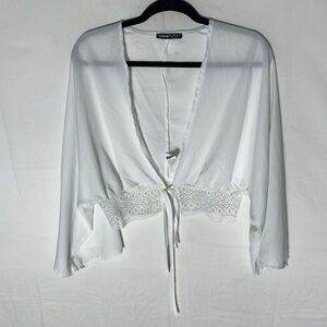 5/$25 SHEIN Semi Sheer White Tie Front Deep V Neck Blouse W Wide Sleeves L